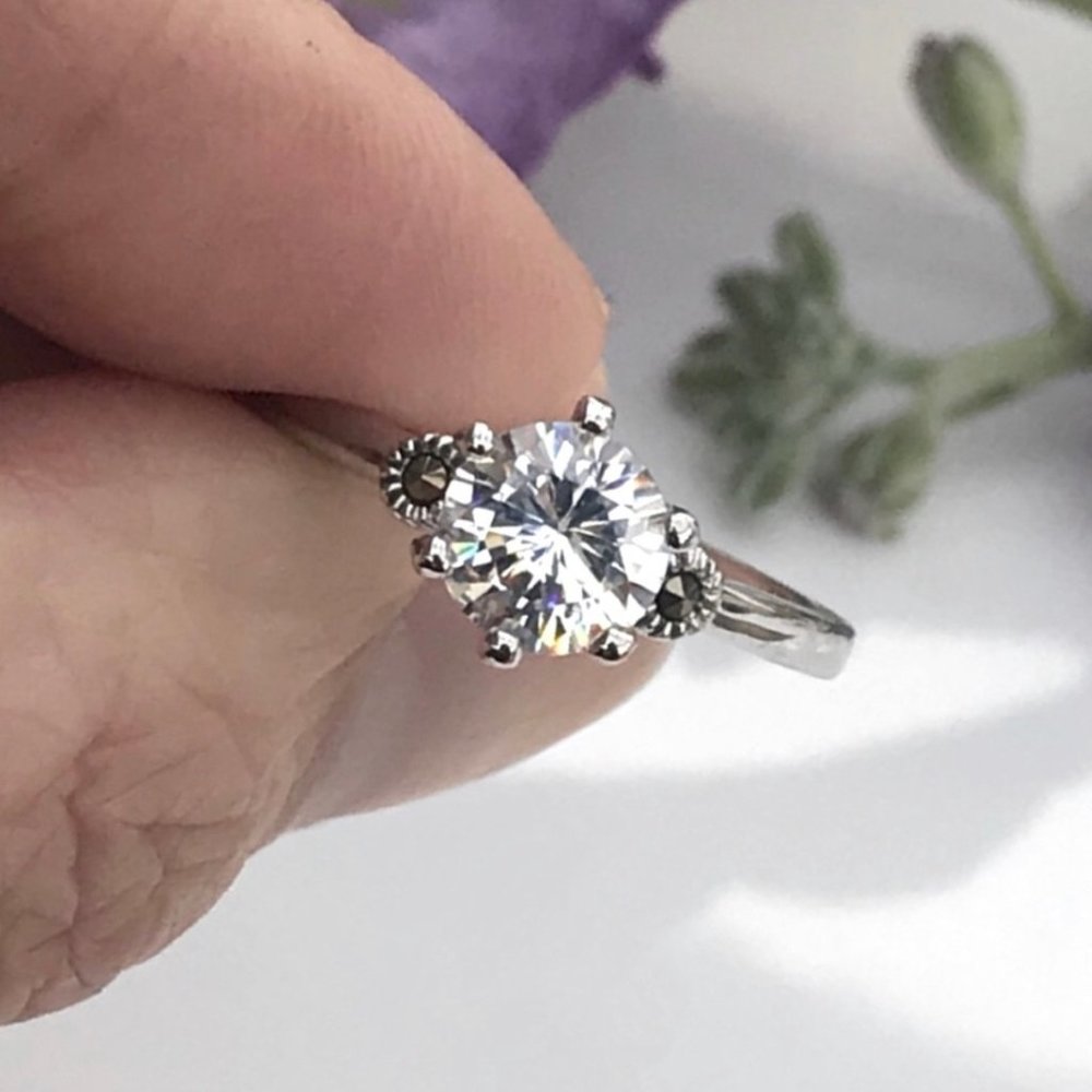 Set of 3: CZ, Marcasite Rhodium Plated Brass Ring